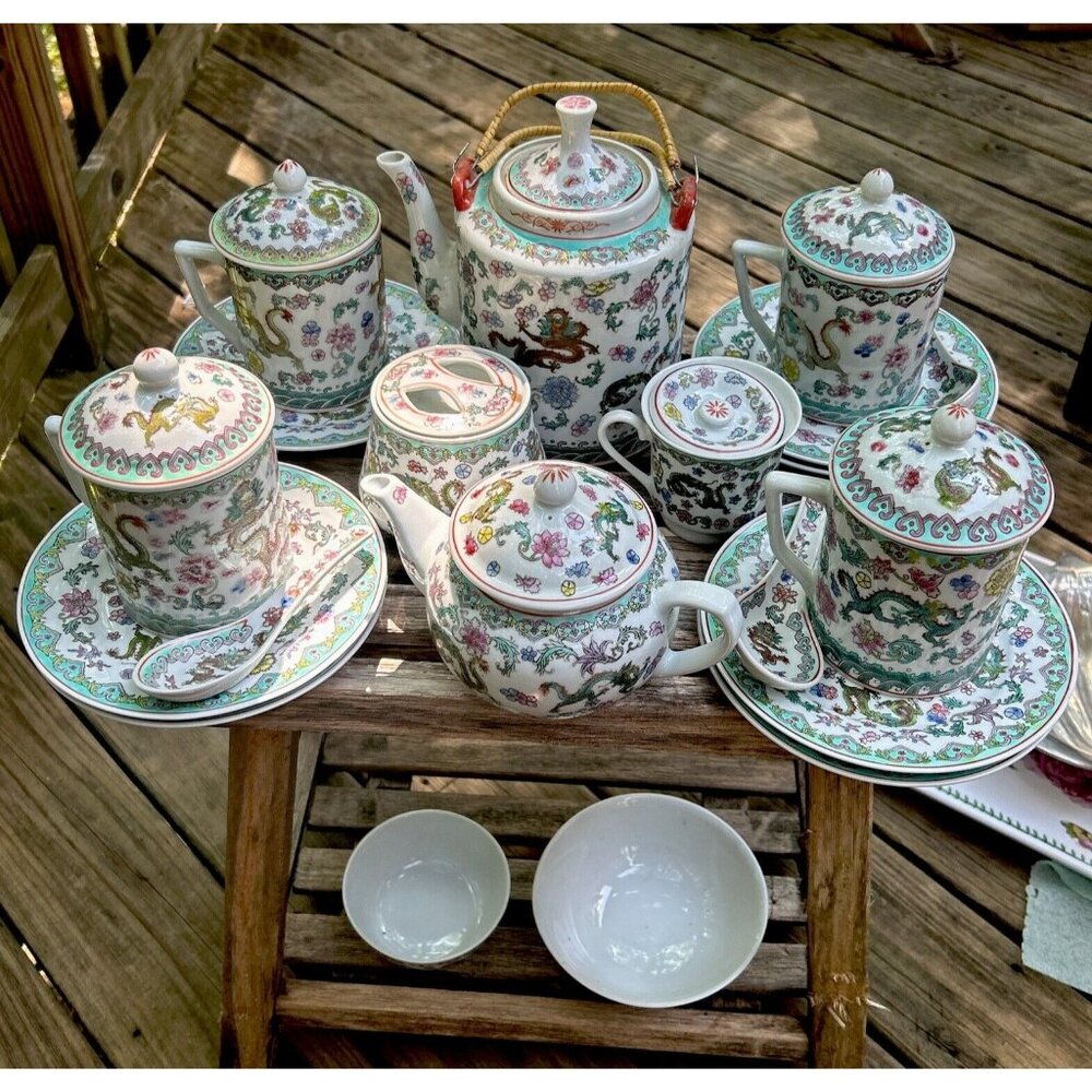 28 Pc Rare Antique China pretty rose dragons W flowers  19thCent Tea Sets+